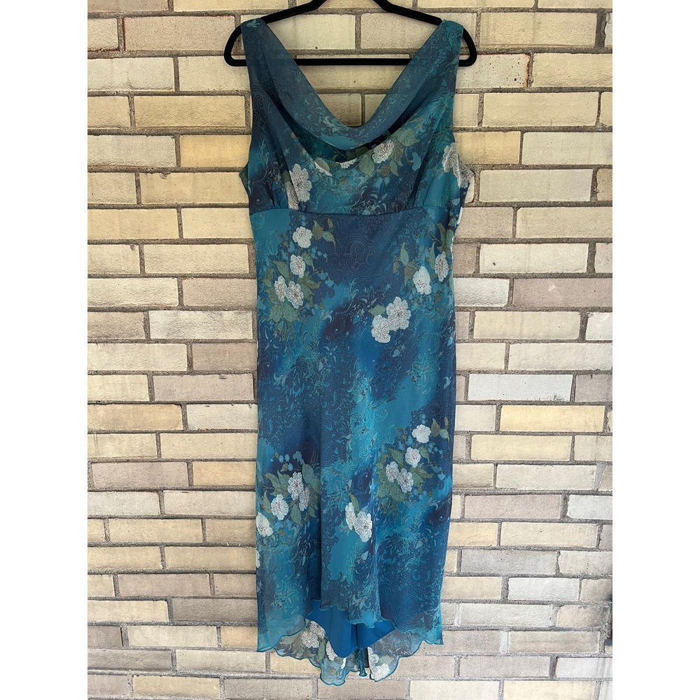 Vintage B. Smart Teal Blue Floral Cowl Neck High Low Midi Dress Size 13/14 Large